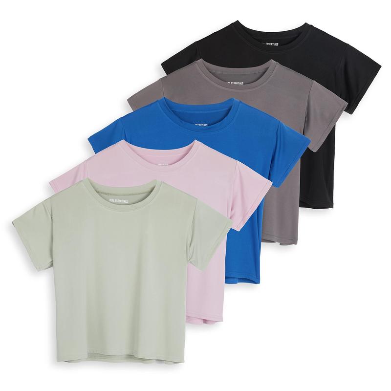 Real Essentials 5 Pack: Women's Dry Fit Crop Top - Short Sleeve Crew Neck Stretch Athletic Tee (Available in Plus Size)