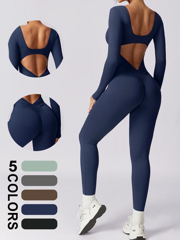 TIMEOFF Women's V Neck Long Sleeve Unitard Jumpsuit Skinny Pants One Piece Workout Jumpsuits Ribbed Long Sleeve Bodycon Yoga Rompers