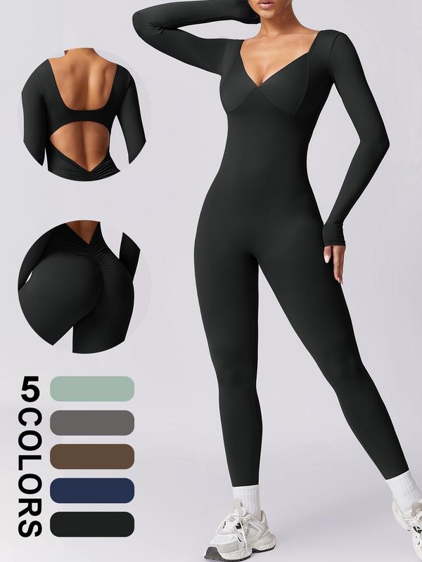 TIMEOFF Women's V Neck Long Sleeve Unitard Jumpsuit Skinny Pants One Piece Workout Jumpsuits Ribbed Long Sleeve Bodycon Yoga Rompers