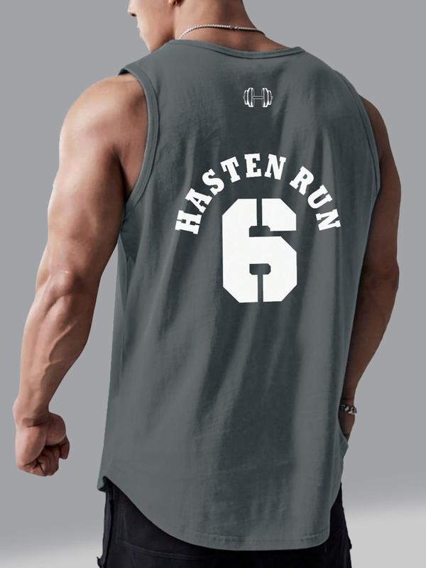 Men's Summer Vest Clothes, Letter & Number Print Round Neck Tank Top, Summer Outfits 2024, Regular Fit Sporty Sleeveless Top for Gym Workout Running, Men's Top, Tank Tops for Men, Mens Clothing