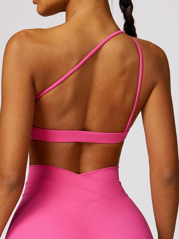 Women's Solid Cut Out Wireless Sports Bra, Breathable Comfortable One Shoulder Sports Lingerie Top, Ladies Sportswear for Indoor Outdoor Wear