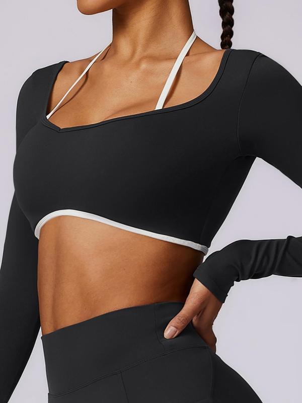 Women's 2 in 1 Backless Sweetheart Neck Crop Sports Tee, Workout Tops, Solid Long Sleeve Crop Top, Workout Gym Yoga Exercise T-shirt for Women, Gym Clothing