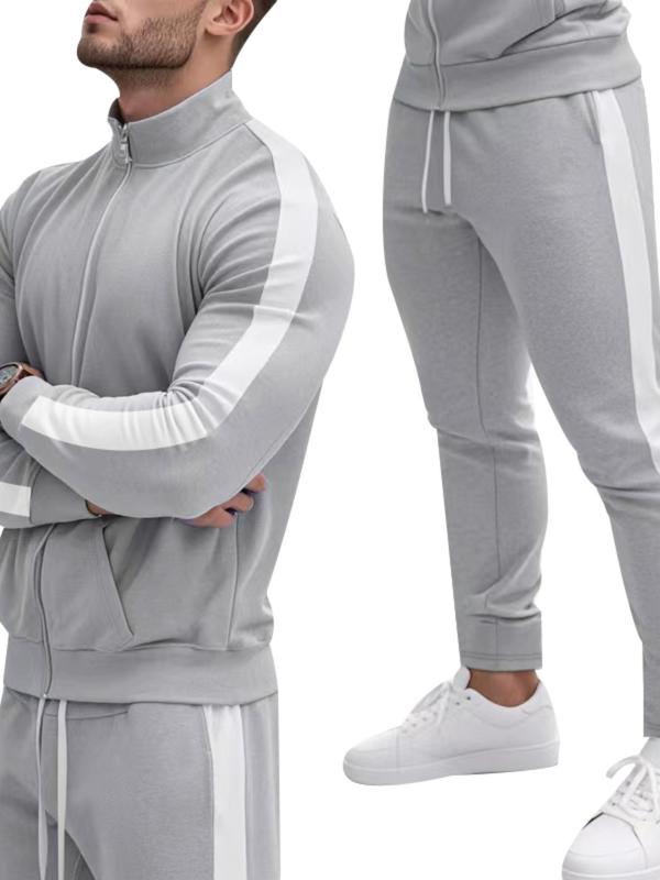 Men's Colorblock Zip Up Stand Collar Jacket & Drawstring Waist Pants Tracksuit Set, Regular Fit Sporty Long Sleeve Outerwear & Pocket Jogger Pants, Men's Fall & Winter Sportswear