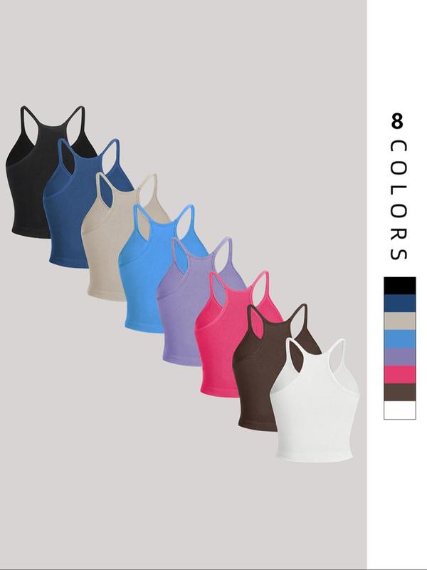 Women's 8pcs Solid Spaghetti Strap Sports Vest, Breathable Comfortable High Stretch Ribbed Knit Camisole For Yoga Gym Workout, Running Vest, Ladies Sportswear For All Seasons