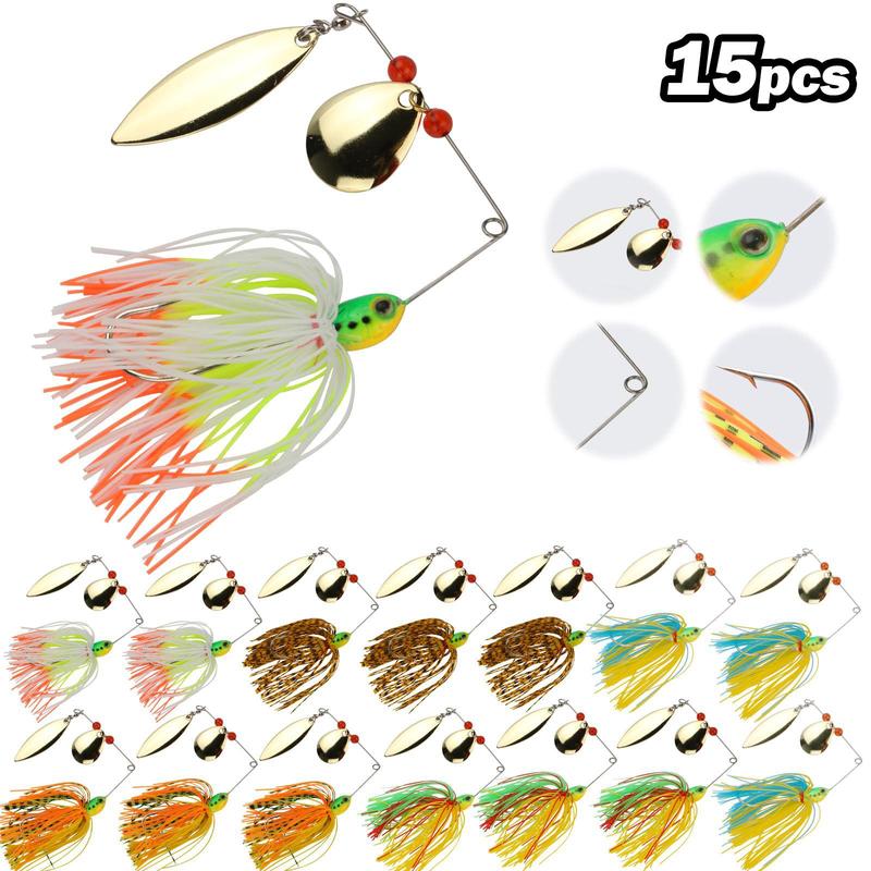 Fishing Lure Spinner Baits Kit, 10 15pcs Hard Soft Buzzbait Lures Spinner Lures Fishing Lure Set, Topwater Fishing Lure Saltwater Freshwater for Bass, Fishing Equipment