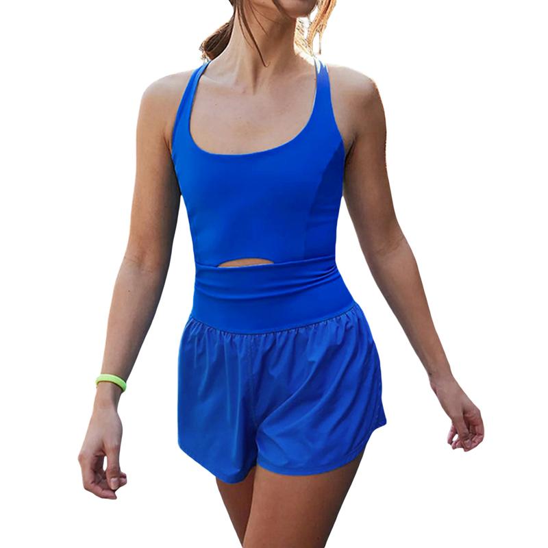 Women Solid Color Cami Playsuits Sleeveless Sports Short Jumpsuits Summer Cross Backless Romper Tracksuits