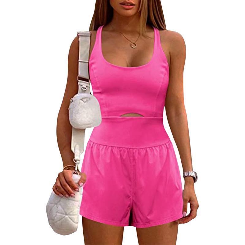 Women Solid Color Cami Playsuits Sleeveless Sports Short Jumpsuits Summer Cross Backless Romper Tracksuits