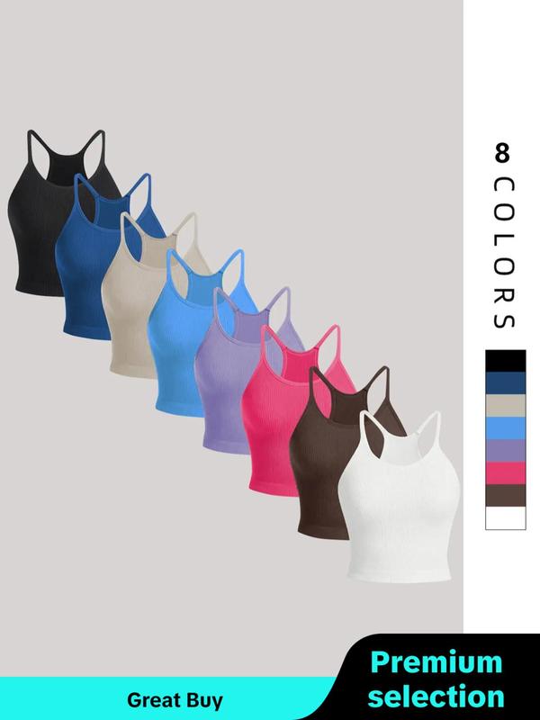 Women's 8pcs Solid Spaghetti Strap Sports Vest, Breathable Comfortable High Stretch Ribbed Knit Camisole For Yoga Gym Workout, Running Vest, Ladies Sportswear For All Seasons