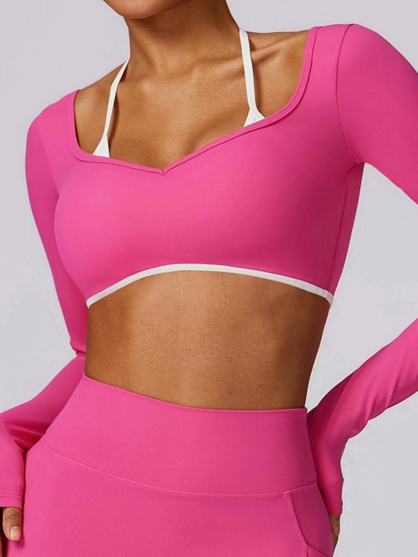 Women's 2 in 1 Backless Sweetheart Neck Crop Sports Tee, Workout Tops, Solid Long Sleeve Crop Top, Workout Gym Yoga Exercise T-shirt for Women, Gym Clothing