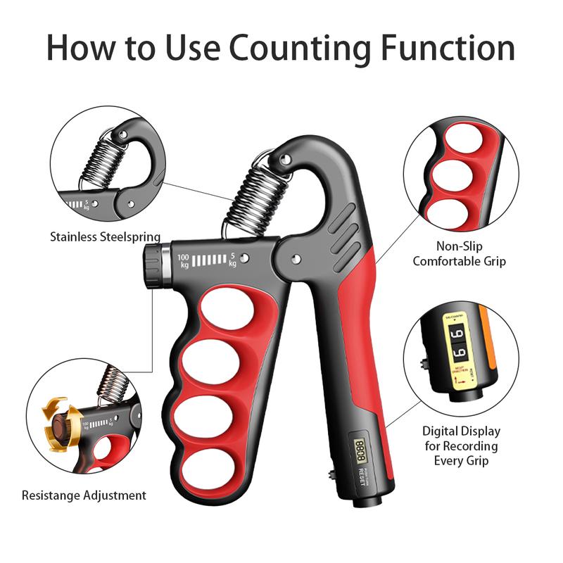 Grip strength trainer, forearm strengthener, with adjustable resistance from 11 to 220 pounds (5-100 kilograms).