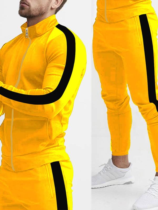 Men's Colorblock Zip Up Stand Collar Jacket & Drawstring Waist Pants Tracksuit Set, Regular Fit Sporty Long Sleeve Outerwear & Pocket Jogger Pants, Men's Fall & Winter Sportswear