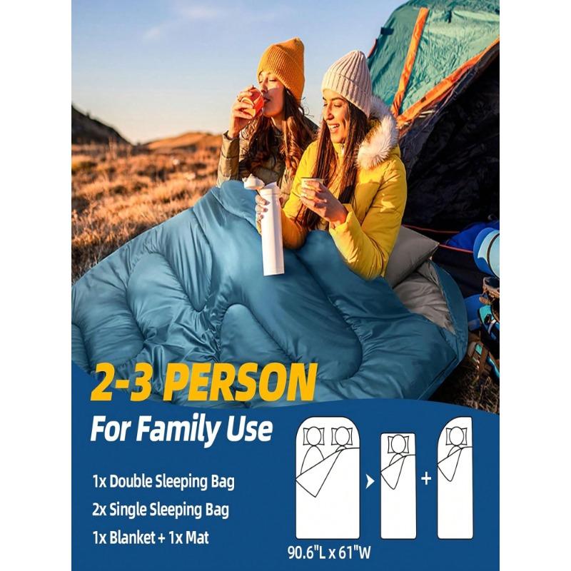 Double Sleeping Bags For 2 Adults, 2-3 Person Sleeping Bag For Camping Two Person Sleeping Bags For Adults With Pillows For Cold Warm Weather