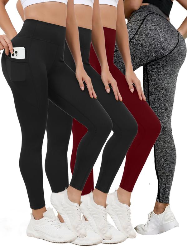 Women's Solid High Waist Sports Leggings, Casual Comfy Breathable Pocket Design Skinny Pants for Yoga Gym Workout Running, Ladies Sportswear for Fall & Winter