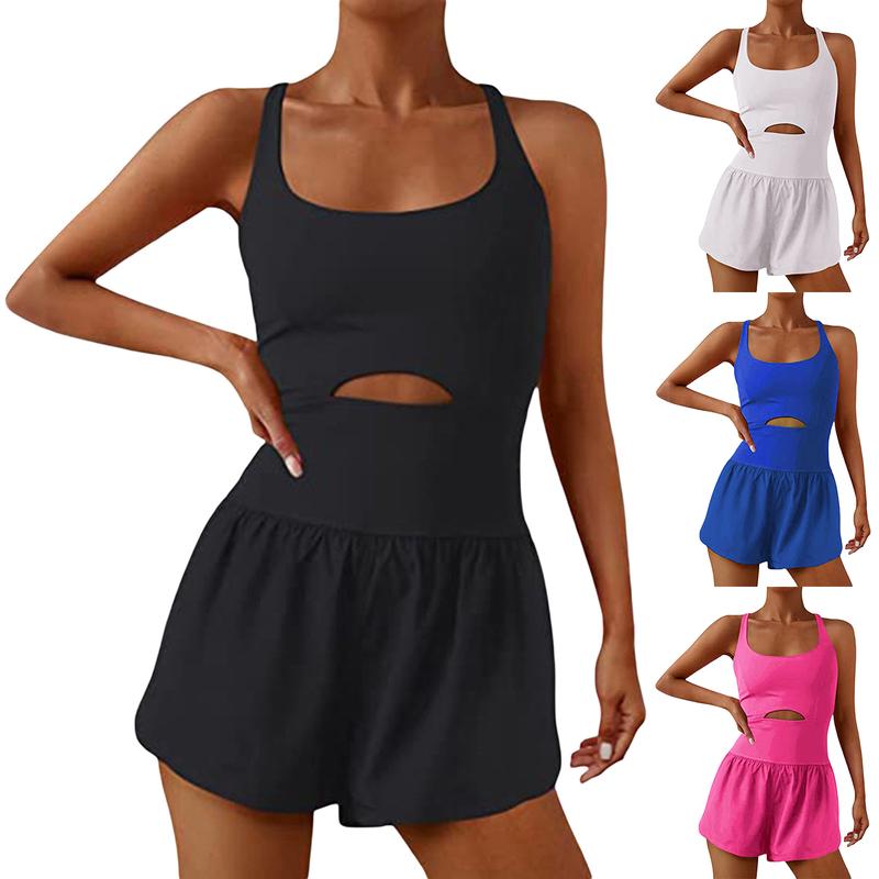 Women Solid Color Cami Playsuits Sleeveless Sports Short Jumpsuits Summer Cross Backless Romper Tracksuits