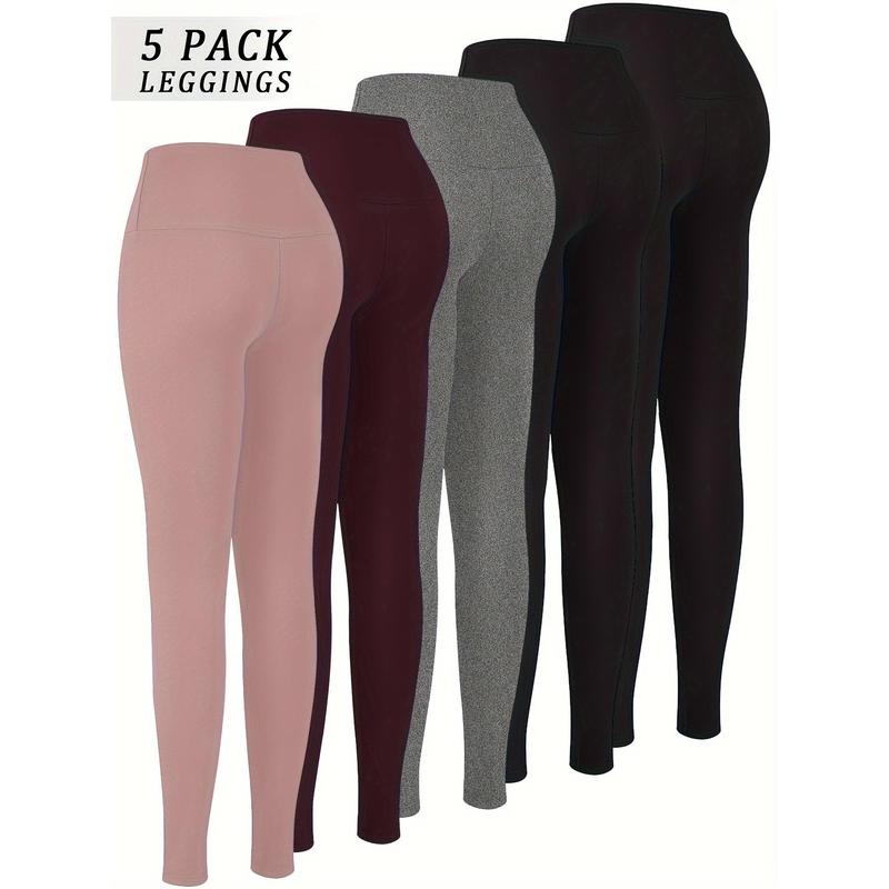 5 Pack Super Soft Leggings for Women: High Waisted, Tummy Control, No See Through, Workout, Yoga, Running Pants - Long Leggings - Adult Size - Stretchy Fabric - Solid Color - Tight Fit - Suitable for All Seasons