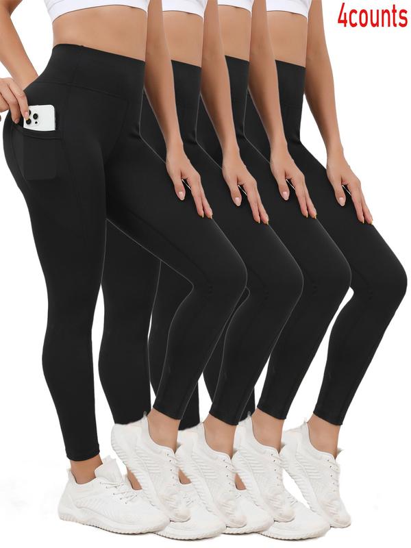 Women's Solid High Waist Sports Leggings, Casual Comfy Breathable Pocket Design Skinny Pants for Yoga Gym Workout Running, Ladies Sportswear for Fall & Winter