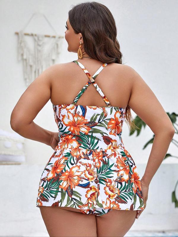 Plus Size Floral Print Drawstring Tankini Set, Cut Out Swim Top & High Waist Swim Bottom, Women's Swimsuit for Summer Beach Holiday Vacation