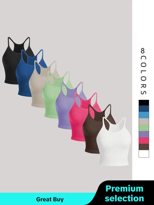 Women's 8pcs Solid Spaghetti Strap Sports Vest, Breathable Comfortable High Stretch Ribbed Knit Camisole For Yoga Gym Workout, Running Vest, Ladies Sportswear For All Seasons