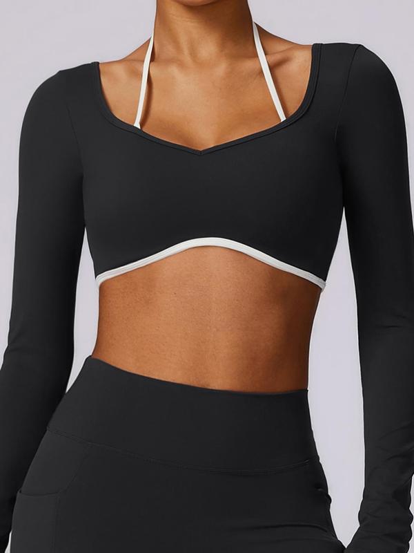 Women's 2 in 1 Backless Sweetheart Neck Crop Sports Tee, Workout Tops, Solid Long Sleeve Crop Top, Workout Gym Yoga Exercise T-shirt for Women, Gym Clothing