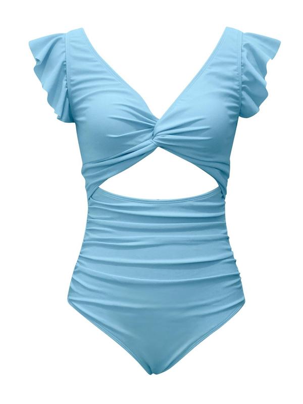 Women's Plain Cut Out One-piece Swimsuit, Casual Twist Backless Deep V Neck Swimwear for Summer, Fashion Women's Swimsuit for Beach Holiday Vacation