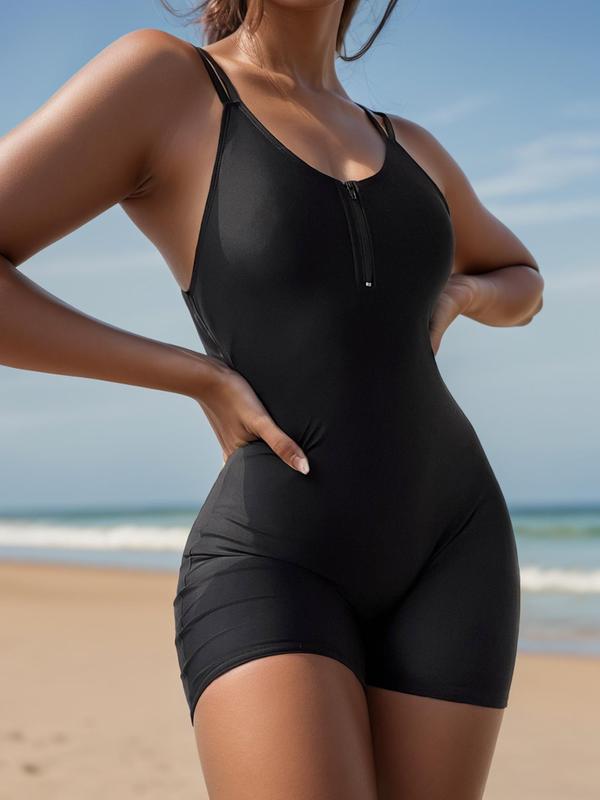 Women's Solid Half Zipper Double Straps Swimsuit, Sleeveless Swim One-piece for Summer, Tummy Control Swimwear, Summer Bathing Suits 2024 for Women