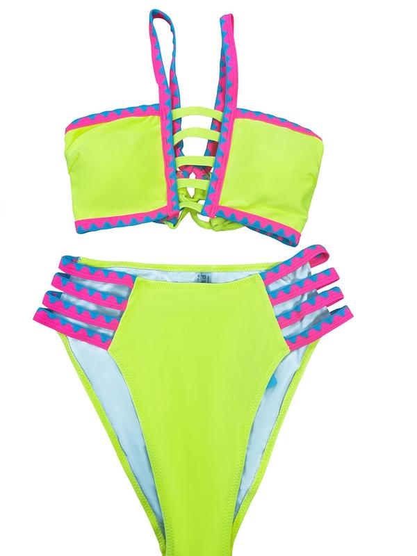 2 Piece Set Women's Colorblock Geometric Print Criss Cross Halter Bikini Set, Sleeveless Tie Back Swim Top & High Waist Swim Bottom, Ladies Summer Swimsuit for Beach