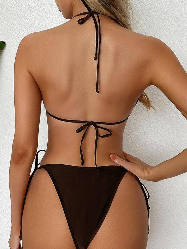 Women's Sexy Fashion Plain Tie Back Halter Neck Padded Wireless Triangle Bra & Tie Side High Cut Panty Bow Decor Bikini Set, Back To School Outfits, Beach Outfits, Swimsuits 2024 Women, Ladies Summer Swimwear for Beach Holiday Vacation, Womenswear