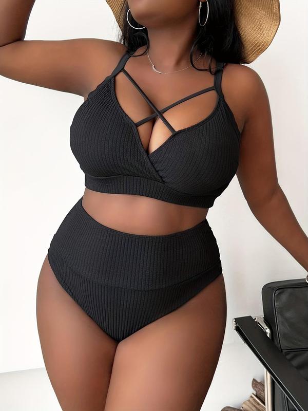  Two-Piece Set Criss Cross Cut Out Frankies Bikini for Summer 2024 Set, Summer Curve Bathing Suits 2024, Boho Comfort Solid Adjustable Strap Swim Top & High Waist Swim Bottom Swimsuit Sets for Women, Clothes Women