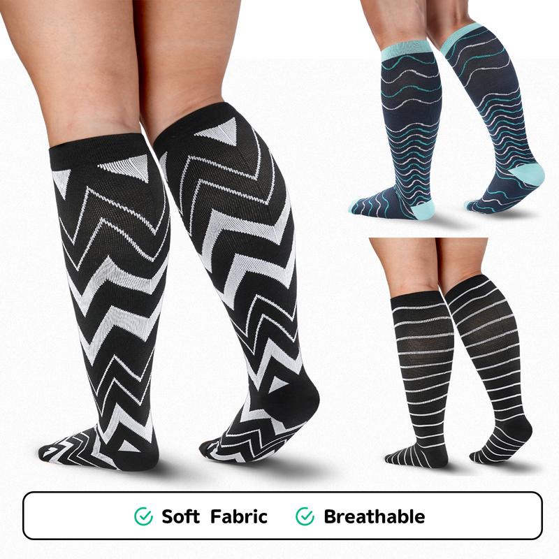 3 Pairs Wide Calf Socks for Women&Men Plus Size 15-20mmHg High Large Support Stockings，Sports Socks Mixed Pattern Breathable Knee High Socks for Women & Men,Summer Sports Socks for Athletic,Soccer,Daily,Running