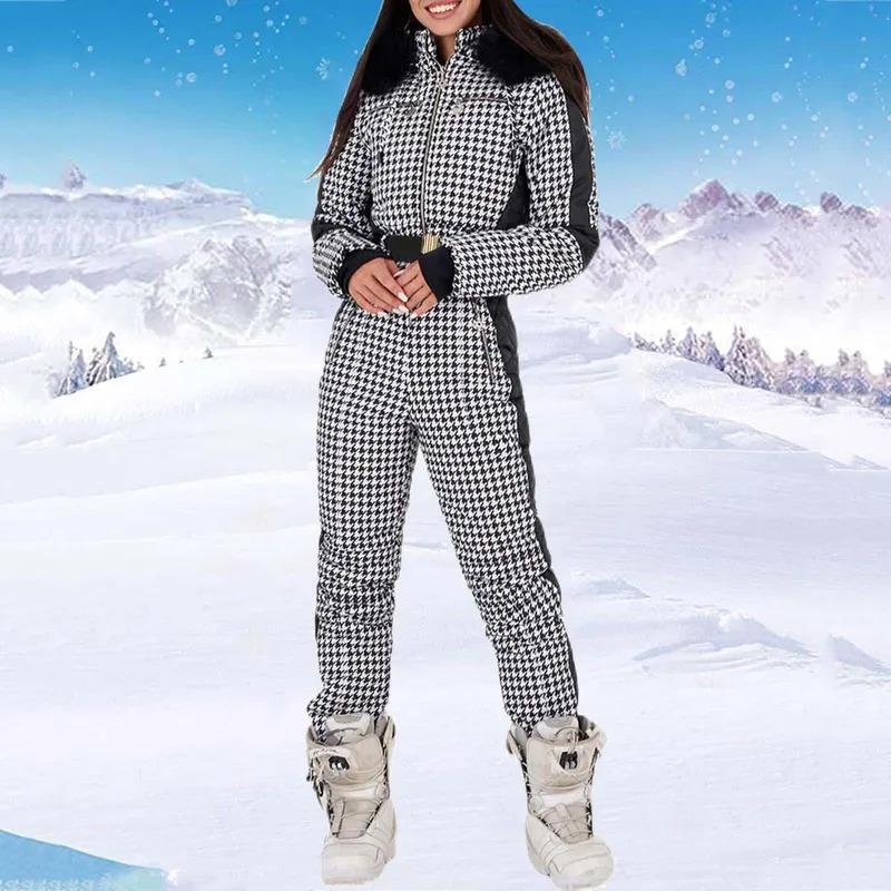 Womens Winter Ski Jumpsuits Outdoor Sports Waterproof Snowsuit Removable Faux Wool Collar Coat Keep Warm Down Jumpsuits Women