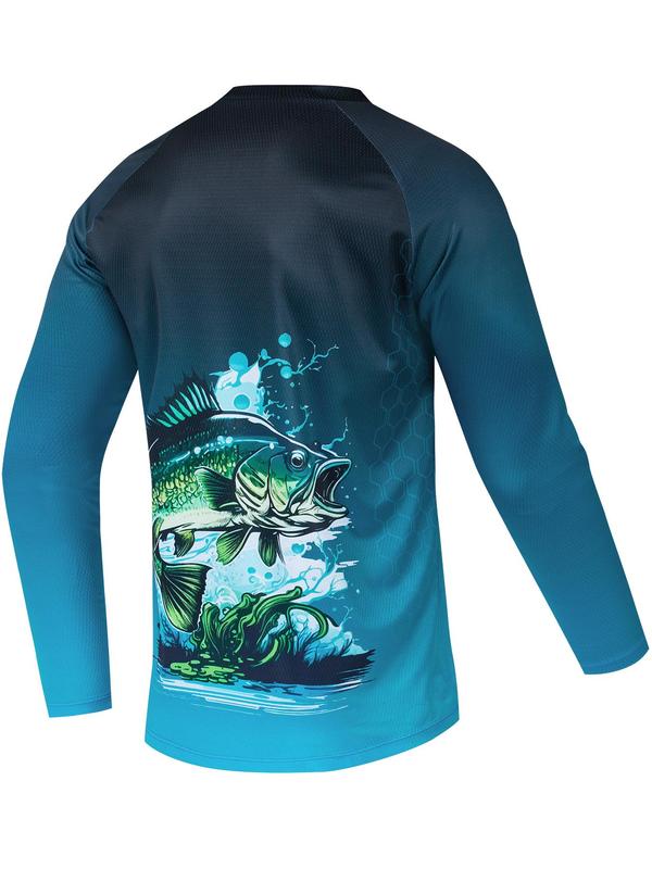 Men's Fish Print Round Neck Sports Tee, Long Sleeve Crew Neck Quick Drying  Comfort Color T Shirts , Compression Shirts, Casual Regular Fit Sporty Top for Outdoor Activities, Workout Tops