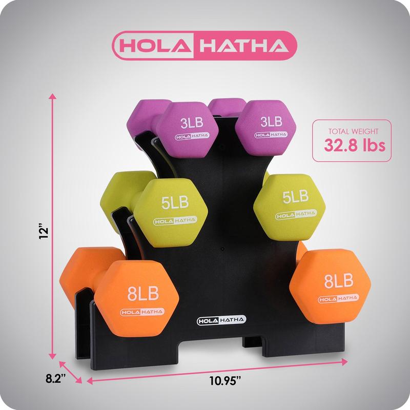 HolaHatha 3, 5, and 8 Pound Dumbbell Hand Weight Set with Storage Rack, Multi strength training