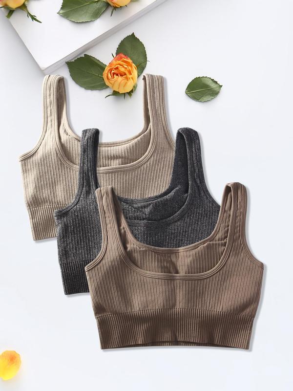 Women's Solid Wireless Ribbed Knit Sports Bra, Breathable Comfortable Sports Top, Summer Tops, Summer Clothes, Ladies Sportswear for Yoga Gym Workout