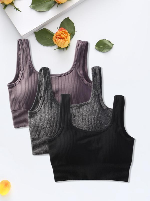 Women's Solid Wireless Ribbed Knit Sports Bra, Breathable Comfortable Sports Top, Summer Tops, Summer Clothes, Ladies Sportswear for Yoga Gym Workout