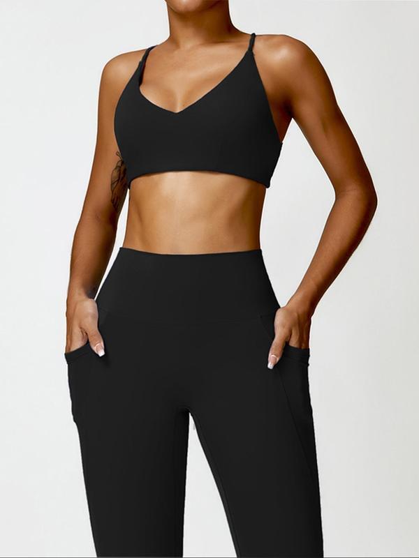 Two-Piece Set Women's Solid Criss Cross Tracksuit Set, Casual Backless Crop Cami Top & Pocket Leggings, Casual Sportswear Set for Yoga Gym Workout Running