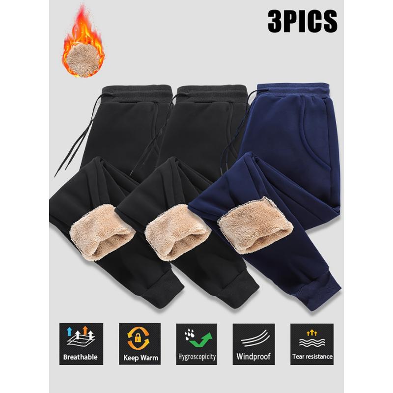 3pcs Thickened Waterproof Men's Solid Color Fleece Lining Warm Jogger Sweatpants With Drawstrings Comfy Outdoor Sports Trousers