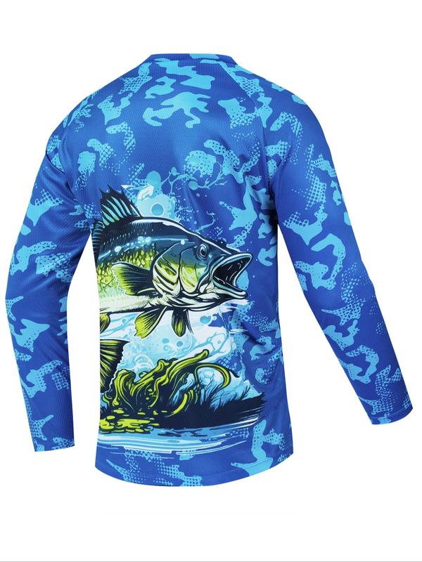 Men's Fish Print Round Neck Sports Tee, Long Sleeve Crew Neck Quick Drying  Comfort Color T Shirts , Compression Shirts, Casual Regular Fit Sporty Top for Outdoor Activities, Workout Tops