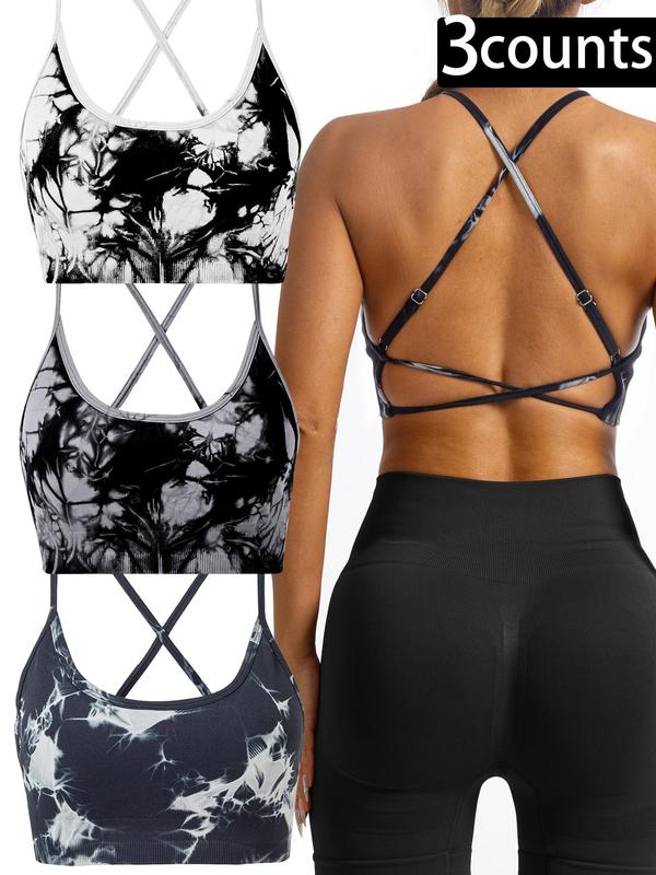 Sporty Women's Tie Dye Print Criss Cross Backless Sports Bra, Detachable Chest Pad Seamless Sports Lingerie Top, Ladies Sportswear for Indoor Outdoor Wear