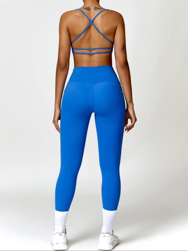 Two-Piece Set Women's Solid Criss Cross Tracksuit Set, Casual Backless Crop Cami Top & Pocket Leggings, Casual Sportswear Set for Yoga Gym Workout Running