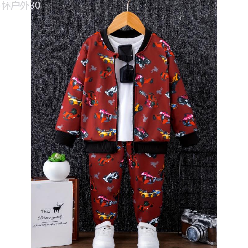 2pcs Boy's Trendy Bomber Jacket & Sweatpants Set, Sports Car Allover Print Kid's Clothes for Spring Fall Daily & Outdoor Wear