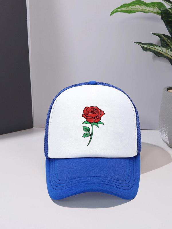 Fashion Colorblock Rose Pattern Baseball Cap, Summer Outdoor Casual Sun Protection Cap for Men & Women, Trendy Contrast Mesh Fitted Hat