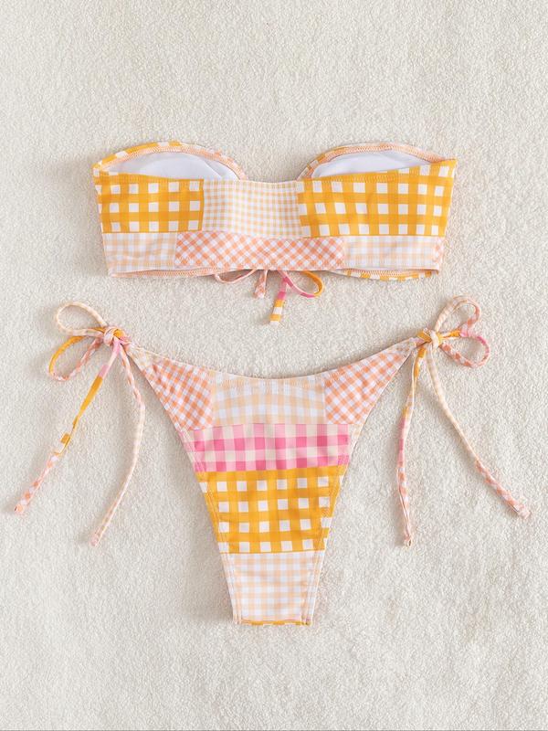 Two-Piece Set Women's Plaid Print Cut Out Bikinis Set, Tie Front Wireless Bra & Tie Side Panty, Bathing Suits Women, Fashion Chic Swimwear for Beach Holiday Vacation