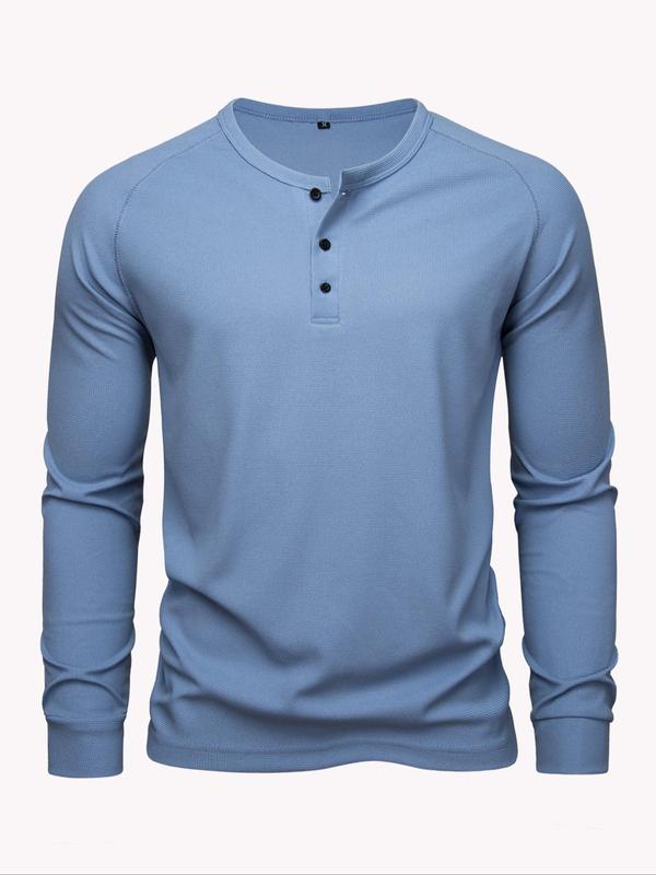 Men's Solid Button Round Neck Sports Tee, Casual Long Sleeve T-shirt for Spring & Fall, Men's Sportswear for Outdoor Activities