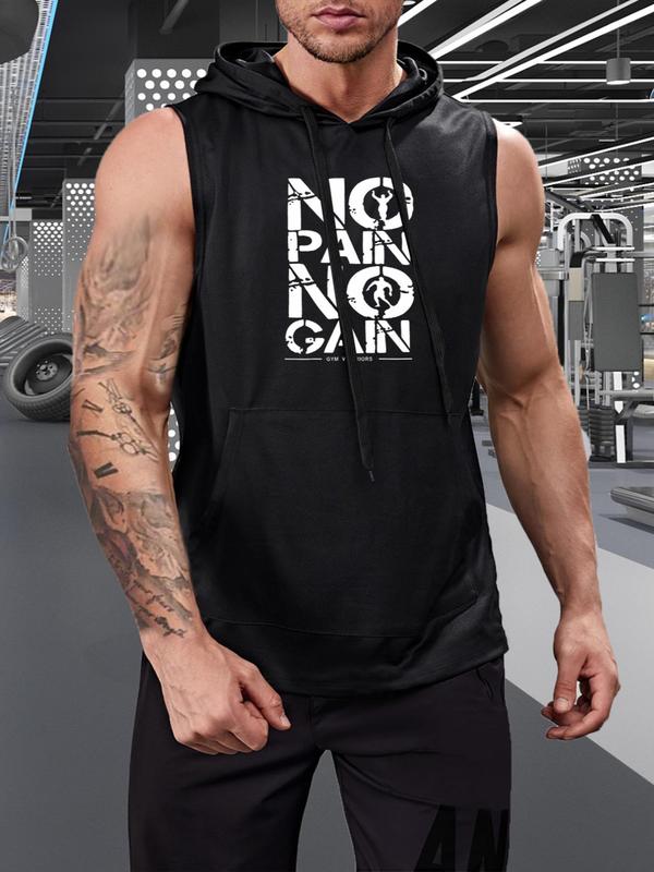 Men's Letter Print Drawstring Hooded Sports Vest, Summer Clothes, Regular Fit Casual Pocket Mesh Top For Gym Workout Running, Men's Sport & Outdoor Clothing For Summer