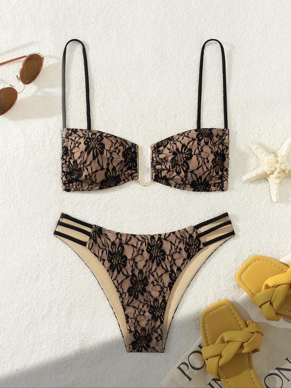 Two-Piece Set Women's Floral Print Contrast Lace Bikini Set, Fashion Chic Buckle Decor Tie Back Bikini Top & Cut Out Swim Knicker Two-Piece Swimsuit for Summer, Ladies Swimwear for Beach Holiday Vacation