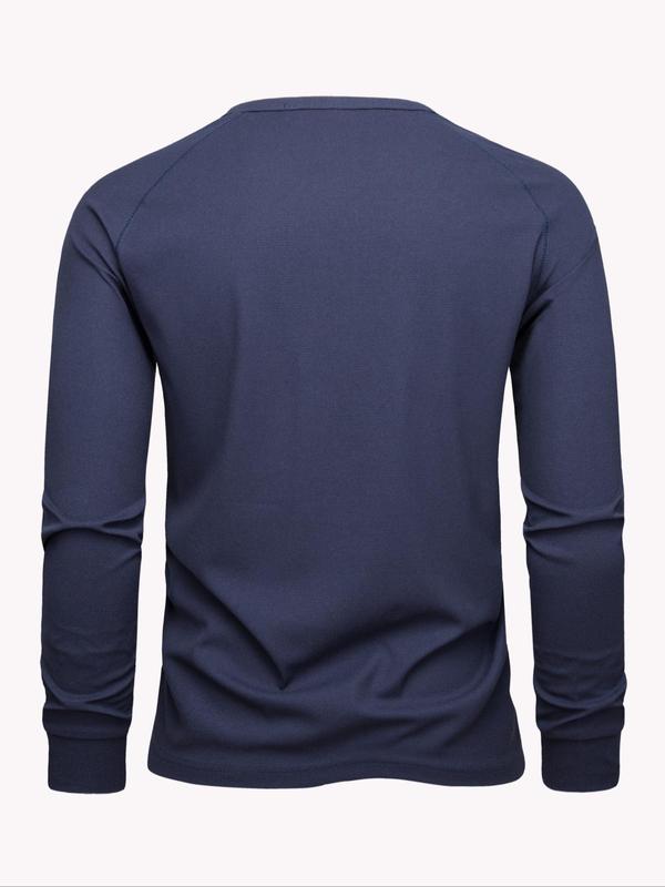 Men's Solid Button Round Neck Sports Tee, Casual Long Sleeve T-shirt for Spring & Fall, Men's Sportswear for Outdoor Activities