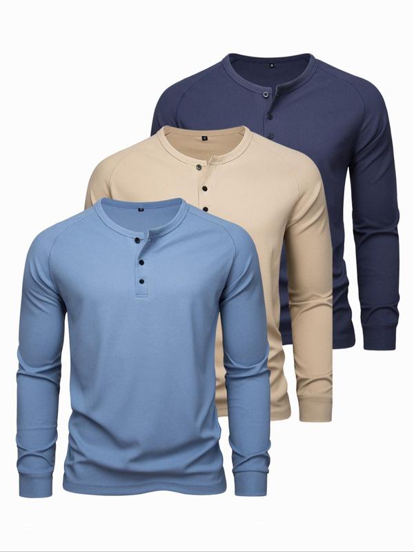 Men's Solid Button Round Neck Sports Tee, Casual Long Sleeve T-shirt for Spring & Fall, Men's Sportswear for Outdoor Activities